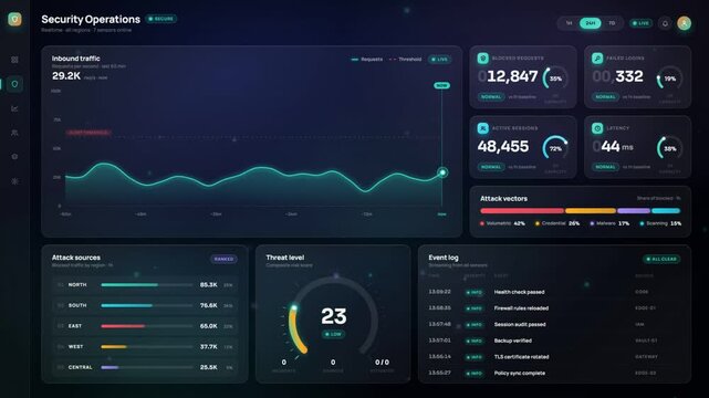 Security operations dashboard animation showing cyber attack spike and critical threat level