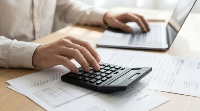 Businessman utilizing a web service for electronic tax declaration forms while calculating commercial costs and invoices.