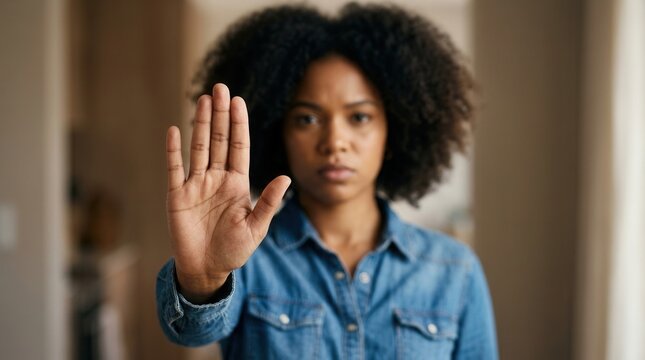 A female making a say no concept gesture to oppose gender discrimination and racial prejudice