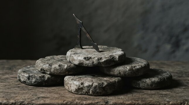 Ancient stone sundial gnomon on stacked weathered stones