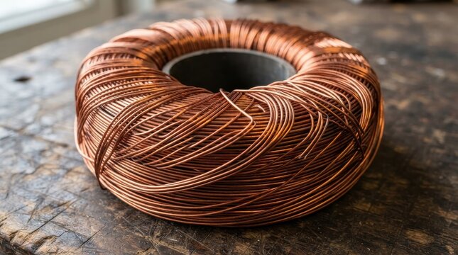 Coil of copper wire wound into a toroidal shape on a wooden workbench
