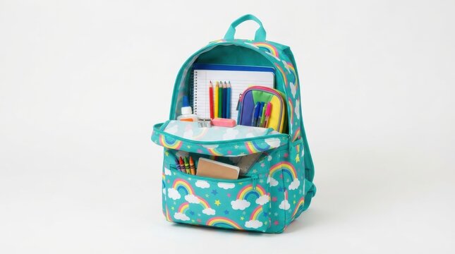 Turquoise backpack with rainbow and cloud pattern filled with school supplies