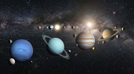 Naklejka premium Solar system planets orbiting the sun in outer space with stars