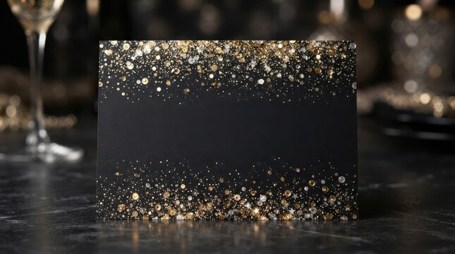 Black card with gold and silver glitter border for holiday celebration