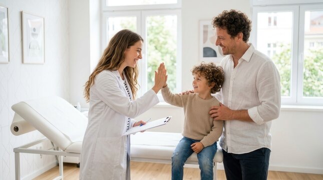 Family therapist and little child boy high five during a clinic visit with parent, showing healthcare teamwork.