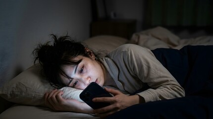 Fototapeta premium Asian Woman In Pajamas Lying In Bed Staring At Glowing Smartphone Screen With Insomnia In Dark Bedroom