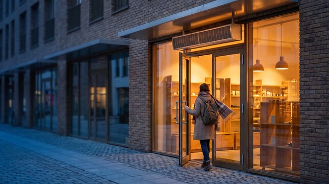 Customer enters a warm retail doorway at dusk