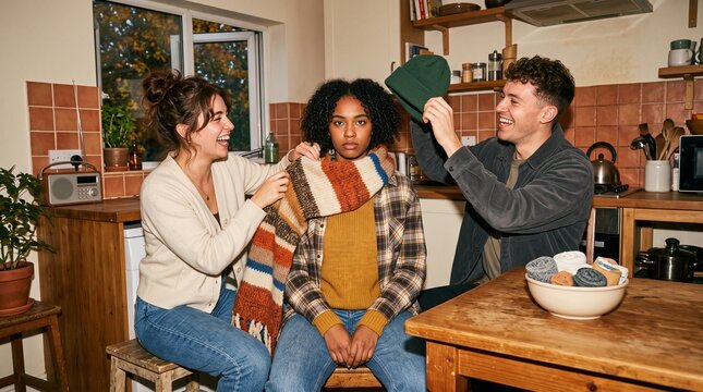 Friends build a comic autumn outfit at home