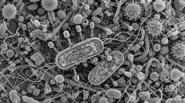 Scanning electron micrograph showing diverse bacteria and viruses