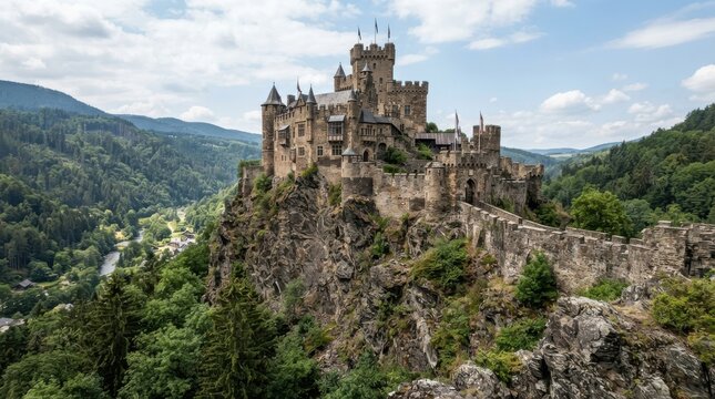 Medieval castle on a rocky cliff surrounded by lush green forest and mountains