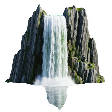 Beautiful waterfall falling down a rocky mountain isolated on transparent background