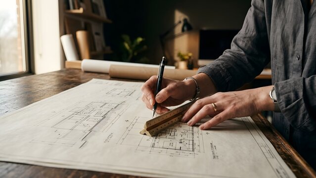Architect's hands drawing a house blueprint with a ruler and pencil on a wooden desk, conceptualization of design process