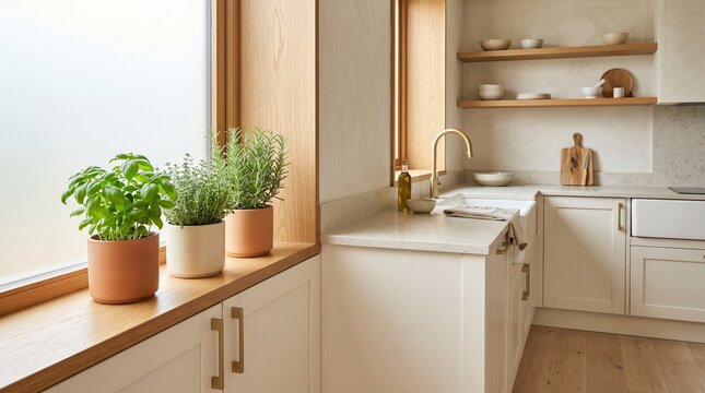 Deep kitchen window sill with fresh culinary herbs