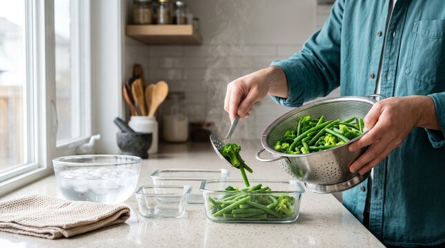 Batch prepping green vegetables for chilled storage
