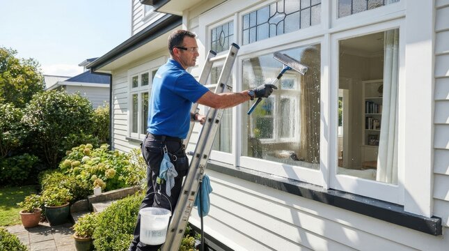 Professional window cleaner using a squeegee on a house exterior