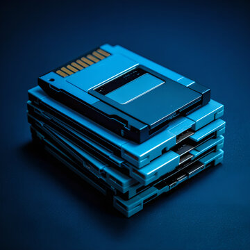 Stack of vintage floppy disks with a single USB drive resting on top