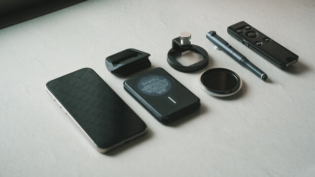 Everyday Carry Gadgets Arranged Flat Lay Top View