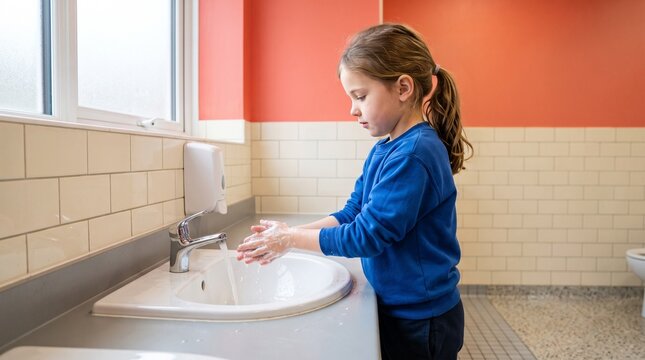 Student washes hands at a bright school sink