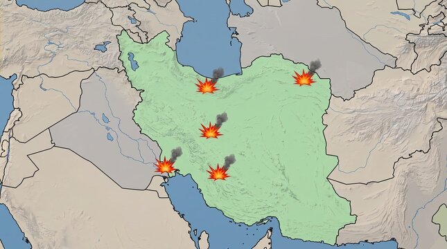 Geopolitical conflict map with explosions, military strike concept on green territory, regional war and missile attack illustration