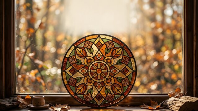 Round stained glass suncatcher with autumn leaf pattern in window with blurred fall foliage background