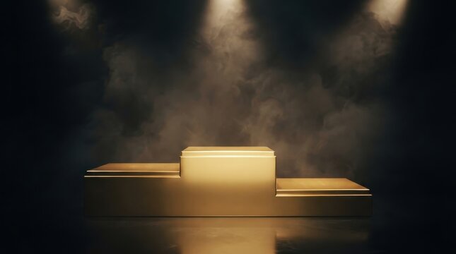 Golden winner podium with stage spotlight and smoke