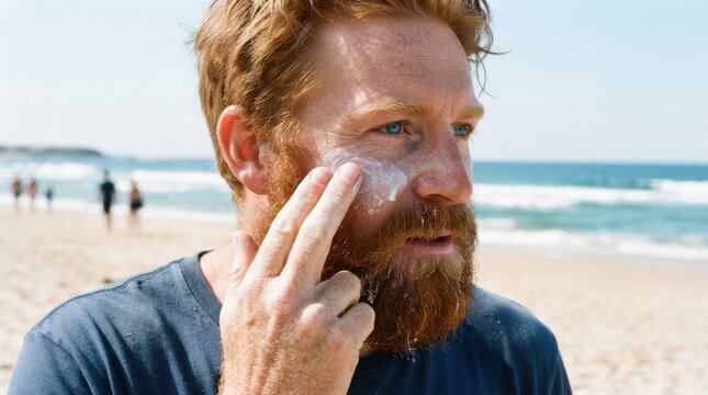 Man applying sunscreen to his face on a beach
