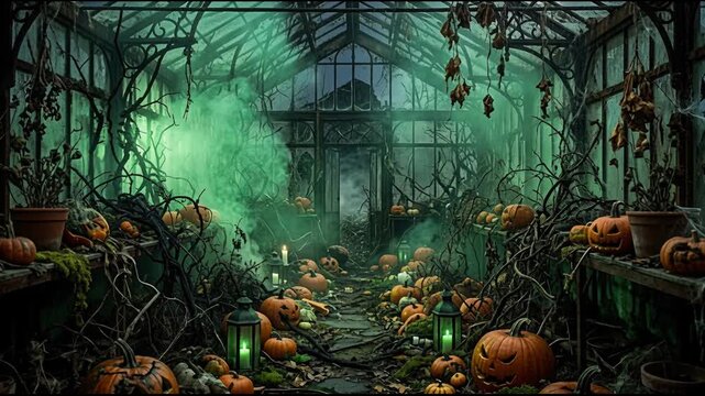Carved pumpkins and glowing lanterns fill an overgrown glass greenhouse. Spooky mystical atmosphere with creeping green smoke and vines. Halloween 2026 eerie holiday celebration commercial.