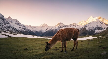 Fototapeta premium Llama grazing on an alpine meadow with snow-capped mountains, golden hour, soft light