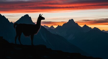 Fototapeta premium Llama silhouetted against a dramatic sunset over mountain peaks, vibrant sky