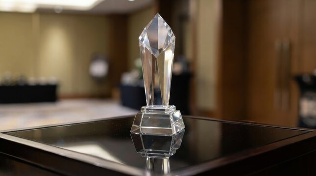 Clear crystal award trophy on display in conference room