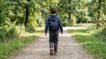 Fototapeta premium Young boy with backpack walking on a trail in the forest