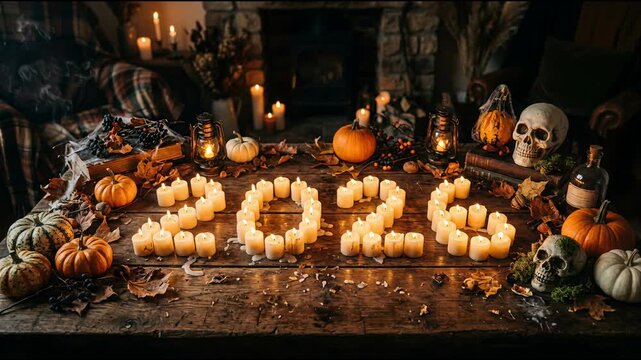 Lit candles spelling 2026 with pumpkins and skulls on wooden table. Spooky seasonal celebration with glowing autumn atmosphere. Halloween 2026 festive holiday celebration and eerie.