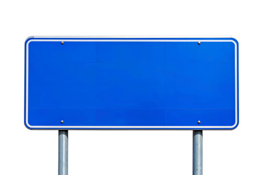 A blank blue highway road sign mounted on two sturdy galvanized metal poles, rectangular shape with white border, isolated on transparent background for traffic and navigation concepts.
