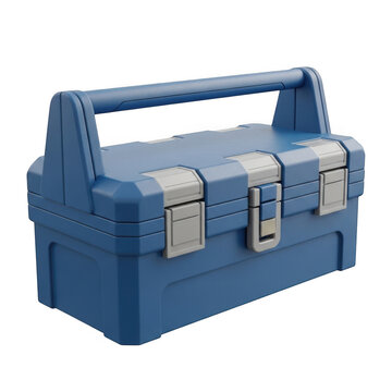 Blue plastic tool box with metal silver latches isolated on transparent background