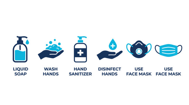 Hygiene icons depicting soap, hand sanitizer and face masks for public health protection and safety measures