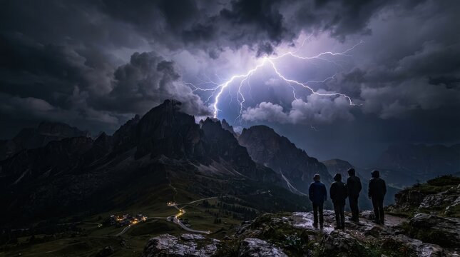 People watching lightning storm over dark mountain range at night