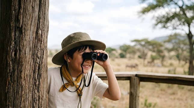 Curious Young Boy Explorer Looking Through Binoculars On Safari Adventure Observing African Savannah