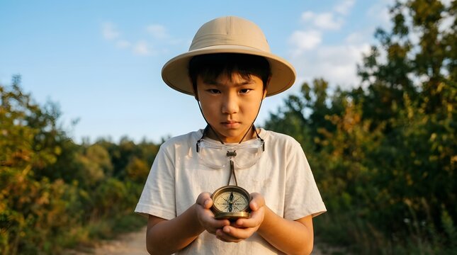 Curious Little Asian Boy In Safari Hat Holding Compass Finding Direction In Nature Forest Trail