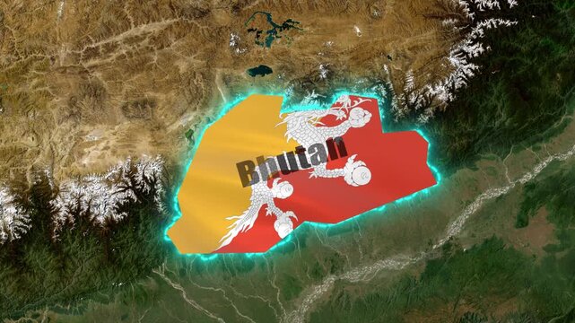 Bhutan 3D Map Animation 4K with National Flag Political Borders Geographic Territory Himalayan Landscape and Asian Location