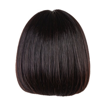 Short dark bob haircut viewed from the back with smooth straight hair strands ending at the nape isolated on transparent background for professional beauty and hair salon style concepts