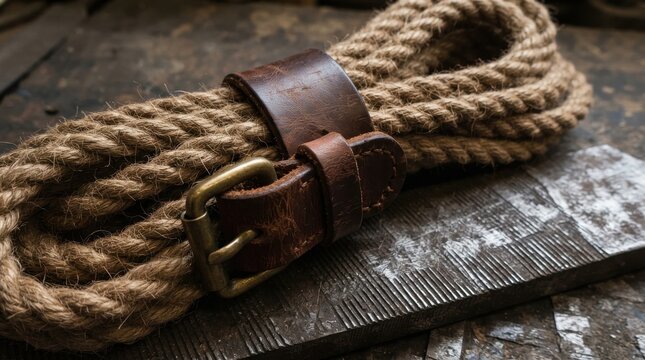 Coiled hemp rope fastened with a leather strap and brass buckle