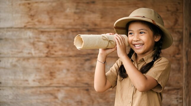 Happy Little Asian Girl Explorer Looking Through Rolled Paper Map Pretending Spyglass Outdoors