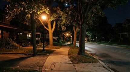 Obraz premium Suburban sidewalk and street illuminated by vintage lamps at night