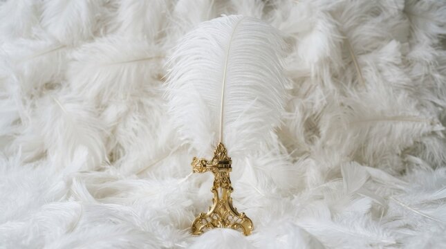 White feather pen in golden ornate stand