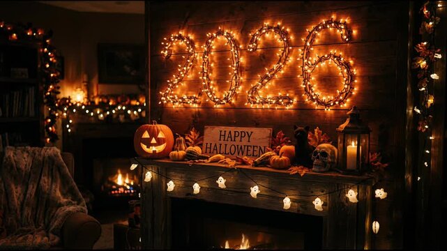 Glowing number 2026 lights and jack o lanterns decorate a wooden mantel. Festive autumn evening ambience celebrating spooky holiday. Halloween 2026 seasonal celebration and home decoration.