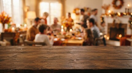 Obraz premium Empty dark wooden table with blurred family dinner background in autumn