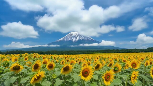 Scenic Mount Fuji and Blooming Sunflowers Field 4K Generative AI