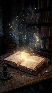 An open ancient spellbook glows with magic particles on a dark library desk. Unlocking mystical secrets with an eerie supernatural spell. halloween 2026 fantasy magic ritual and mystery concept.