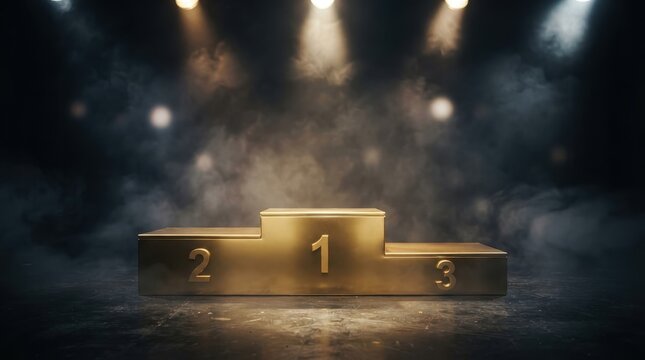 Golden podium with numbers one two and three under spotlights in smoky dark stage