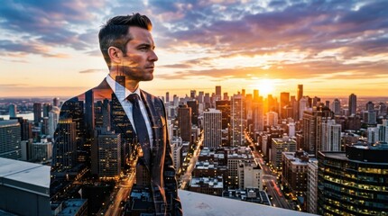 Fototapeta na wymiar Businessman double exposure portrait overlooking city skyline at sunset